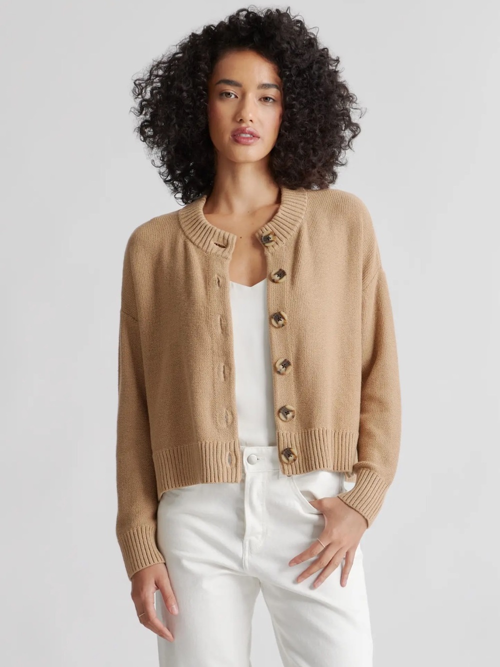 Quince 100% Organic Cotton Cropped Cardigan Camel Small